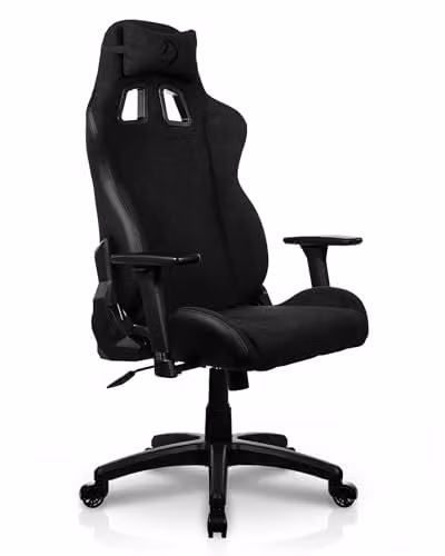 Silla Gaming Arozzi Avanti Soft Fabric en color negro con tapicería de tela y respaldo de cuero sintético, reposacabezas y reposabrazos multidireccionales