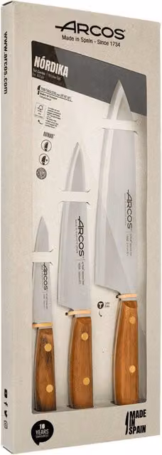 Set de 3 cuchillos de cocina Arcos Nórdika de acero inoxidable con mango de madera de ovengkol en color plata