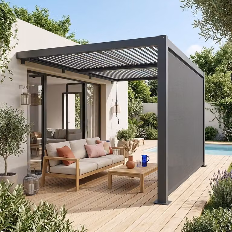 Pérgola bioclimática adosada Sweeek de aluminio y acero en color antracita con toldo de 4 m, An/P/Al: 4 x 3 x 2,33 m