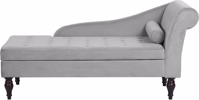 Chaise Longue Beliani Pessac Tapizada en Terciopelo Gris con Cojín Decorativo y Espacio de Almacenaje Derecho An/P/Al: 145 x 65 x 72 cm
