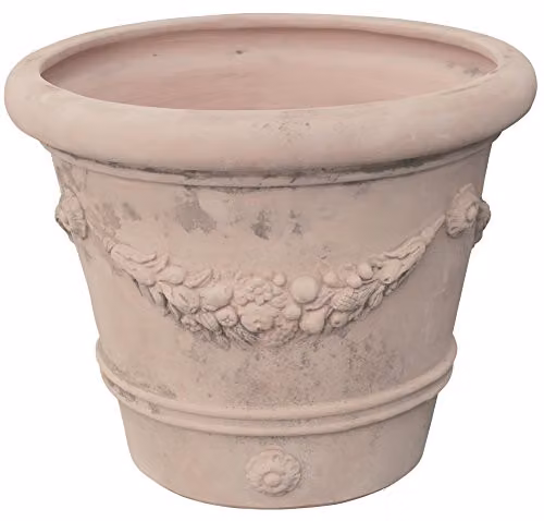 Cuenco Biscottini de cerámica con diseño floral y festoneado, color rosa terracota Toscana, Diámetro: 100 cm, Altura: 80 cm