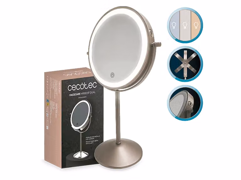 Espejo lumínico Cecotec FaceCare Mirror Dual con aumento 10x, luz LED de 3 intensidades, rotación 360º, botón táctil y carga USB-C, color plata y multicolor