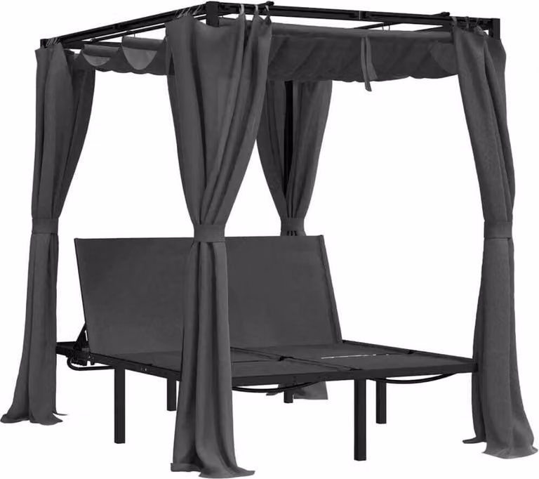 Tumbona doble Syfax con toldo y cortinas laterales en gris antracita con reposacabezas ajustable
