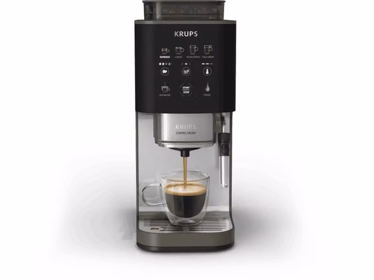 Cafetera superautomática Krups Coffee Crush en acero inoxidable con pantalla táctil, 15 bares y vaporizador de leche, color gris/negro/plateado