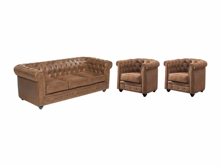 Conjunto de salón Chesterfield de VENTE-UNIQUE con sofá de 3 plazas y 2 sillones en microfibra color marrón y estructura de madera sólida