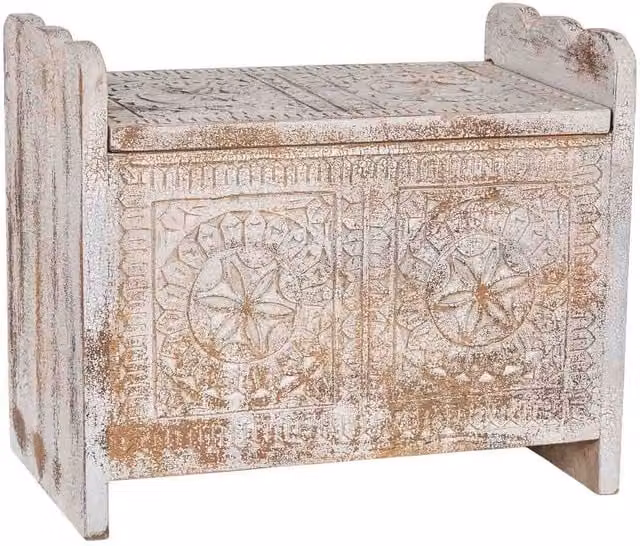 Baúl de madera de mango Wanderlust con acabado étnico en blanco y marrón An/P/Al: 60 x 36 x 50 cm