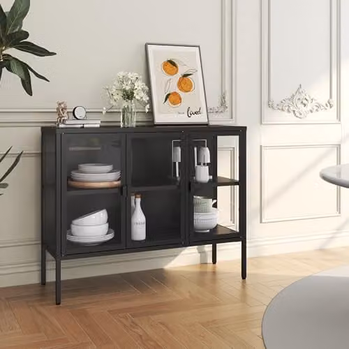 Vitrina Borshavisa en.casa para salón o comedor con 3 puertas de cristal transparente y estantes, acabado negro mate, An/P/Al: 100 x 35 x 80 cm
