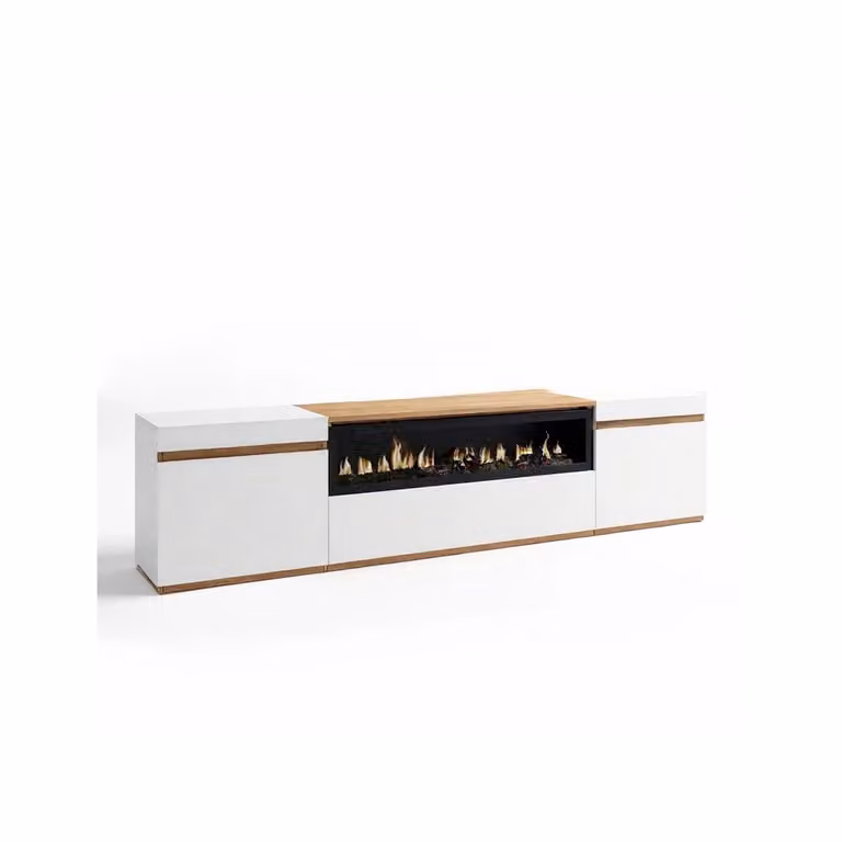 Mueble de TV con chimenea integrada Kavos Up de Duehome en blanco y roble arena, An/P/Al: 203 x 45 x 34,6 cm