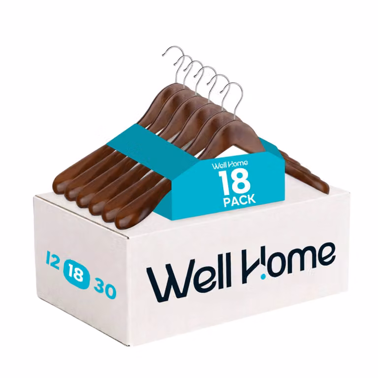 Set de 18 perchas de madera WELLHOME para trajes con hombros contorneados y gancho giratorio en color marrón