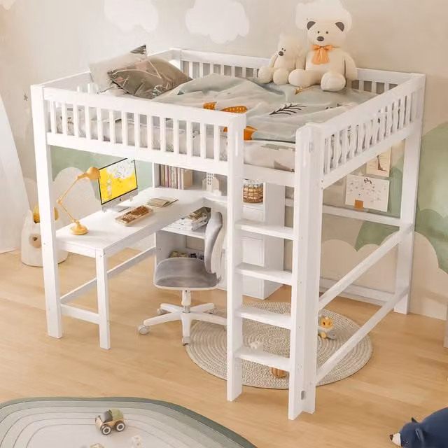 Cama Loft Infantil MODENVIE de Pino y MDF Blanca con Escalera, Cajones y Escritorio, An/P/Al: 200 x 140 x 156 cm