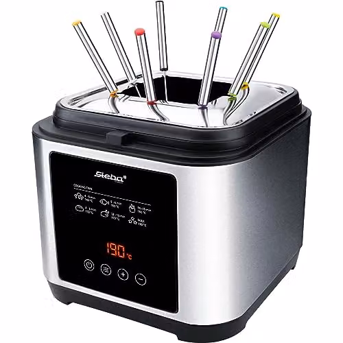 Freidora y set de fondue eléctrico Steba Universal en acero inoxidable color plata con termostato ajustable, temporizador y juego de tenedores incluido