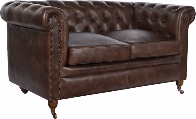 Sofá Chesterfield de 2 plazas FIJALO tapizado en piel color marrón An/P/Al: 148 x 80 x 72 cm