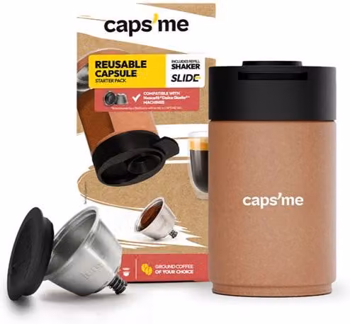 Pack Caps'me Slide de Caps'me: Coctelera Minimalista de Acero Inoxidable, Cápsula Reutilizable y Tapa de Silicona Multicolor Compatible con Nescafé Dolce Gusto®
