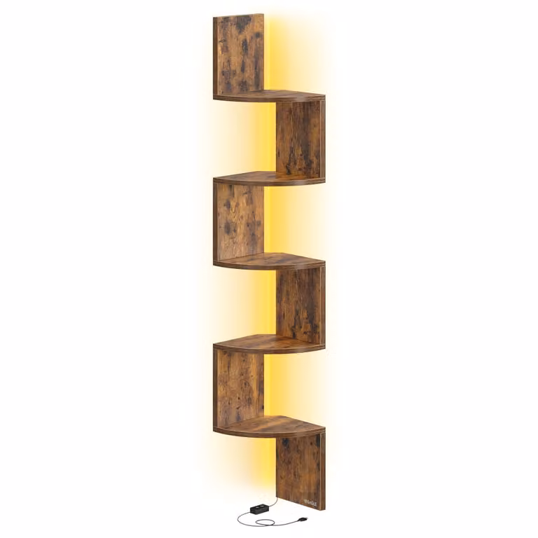 Estantería esquinera de pared Vasagle de 5 niveles con iluminación LED integrada en color marrón rústico para salón, dormitorio o baño