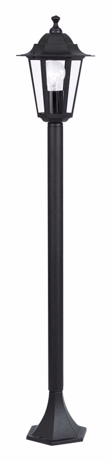 Lámpara de suelo para exterior Eglo Laterna 4 en color negro y transparente con acabado de vidrio y metal, protección IP44