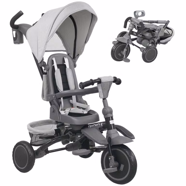 Triciclo evolutivo plegable AIYAPLAY con capota y manillar de empuje, color gris, An/P/Al: 111.5 x 52 x 98 cm