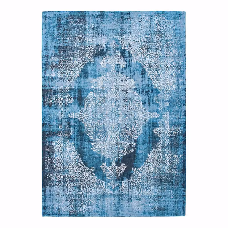Alfombra Kirman de Louis de Poortere, diseño abstracto vintage en color azul, An/P: 200 x 280 cm