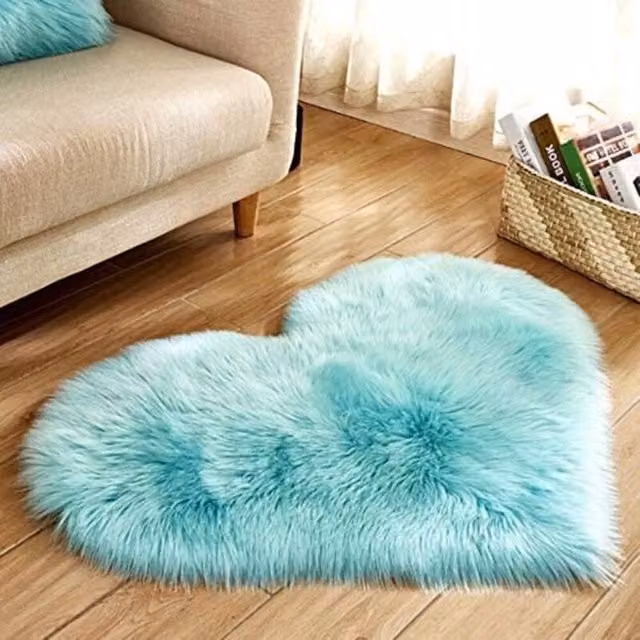 Alfombra de imitación de piel de oveja con forma de corazón XISRENS, suave y mullida, color azul claro, An/P: 40 x 50 cm
