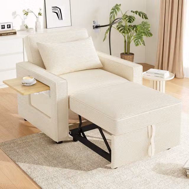 Sofá Cama Plegable Multifuncional KELLANY de 1 Plaza con Puerto de Carga USB y Soporte para Teléfono, Reclinable en Tela de Pana Beige