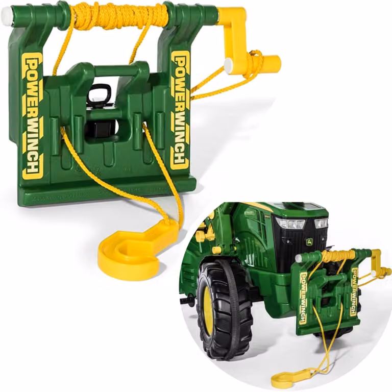 Cabrestante de cable RollyPowerwinch de Rolly Toys para tractor John Deere en color verde y amarillo