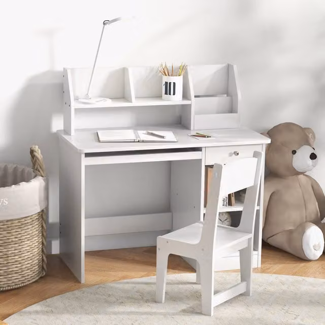 Escritorio y silla infantil PZCC de madera con estante, diseño minimalista en color blanco