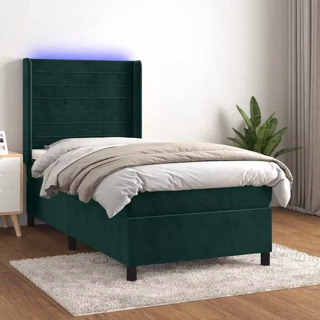 Cama box spring Maison Exclusive con colchón de muelles ensacados, iluminación LED y puerto USB, tapizada en terciopelo verde oscuro, An/P/Al: 90 x 190 cm