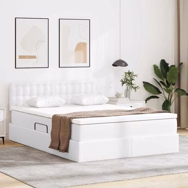 Cama con almacenamiento y colchón Maison Exclusive en color blanco con base abatible y estructura de metal y polipiel An/P/Al: 140 x 190 x 28 cm