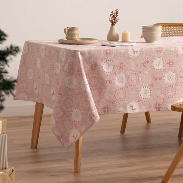Mantel de Navidad Gamusi de Jacquard con Círculos en Rosa Palo y Plata, An/P: 140 x 100 cm