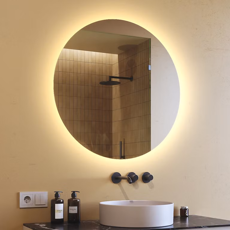 Espejo de baño redondo Artforma con iluminación LED blanca cálida 3000K, Diámetro: 80 cm