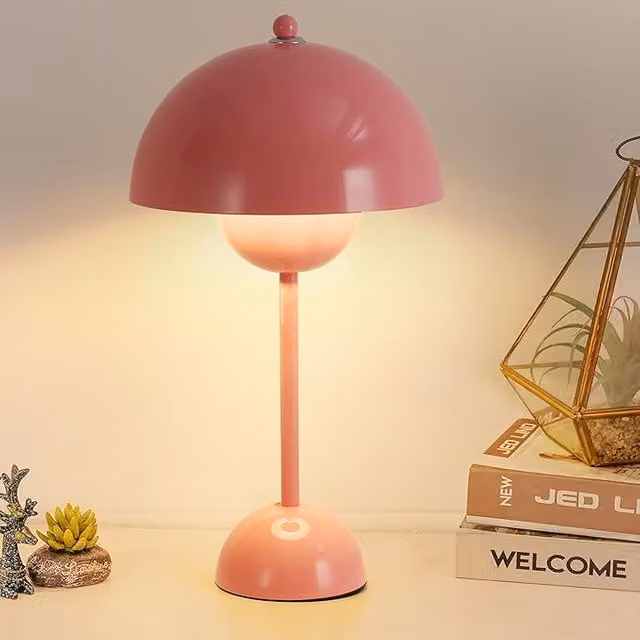 Lámpara de mesa ALPINALUZ diseño seta en metal color rosa con casquillo E27 para dormitorio, salón u oficina, Altura: 34 cm