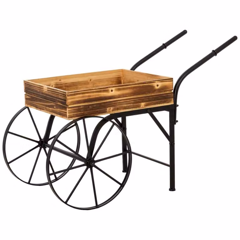 Carro macetero industrial WANDERLUST de madera y hierro en color marrón y negro con ruedas, An/P/Al: 96 x 45 x 63 cm