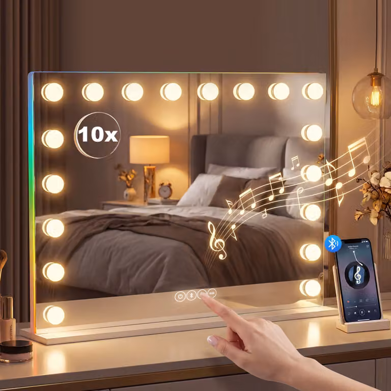 Espejo de maquillaje estilo Hollywood HOMCOM con 18 lámparas LED regulables, luz RGB, altavoz Bluetooth y aumento 10x, color blanco