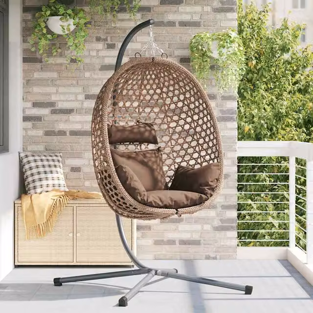 Silla huevo colgante moderna vidaXL de ratán sintético color marrón con cojines An/P/Al: 104 x 100 x 191 cm