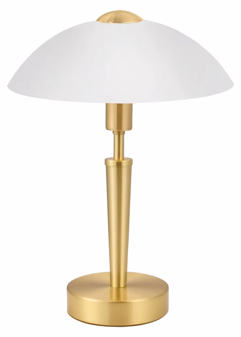 Lámpara de mesa Eglo Solo 1 en latón mate y cristal blanco satinado con regulador táctil y casquillo E14