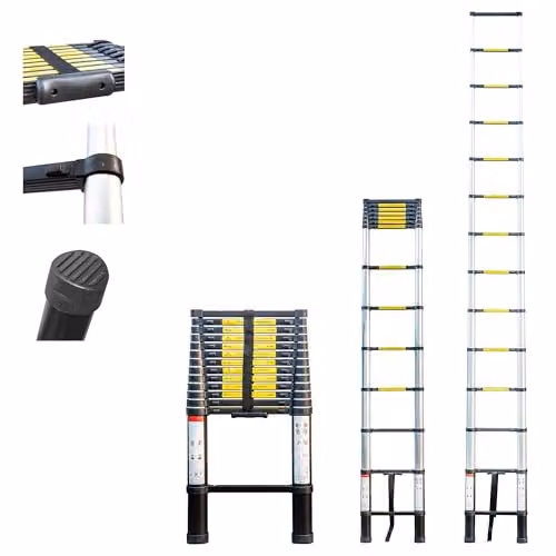 Escalera telescópica Hostrom de aluminio, plegable y extensible, color gris plata, 4,1 m