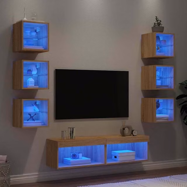 Mueble de TV de pared Maison Exclusive de 8 piezas en madera de ingeniería color roble sonoma con iluminación LED integrada y detalles en cristal para tu salón o despacho