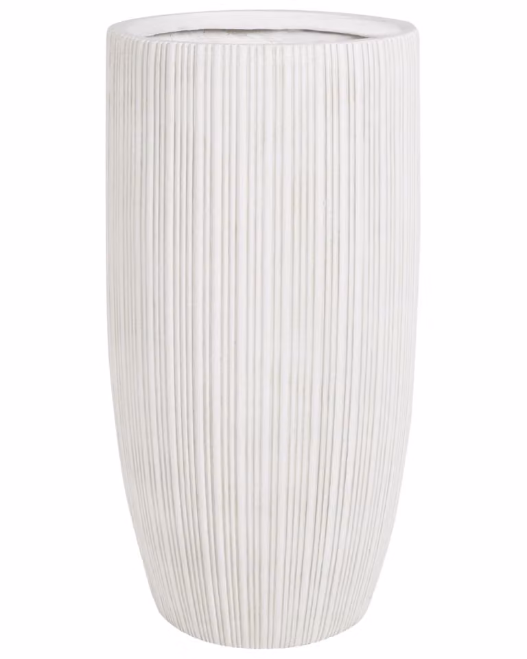 Maceta de exterior moderna Beliani de cerámica beige con diseño de rayas y forma redonda, Altura: 70 cm