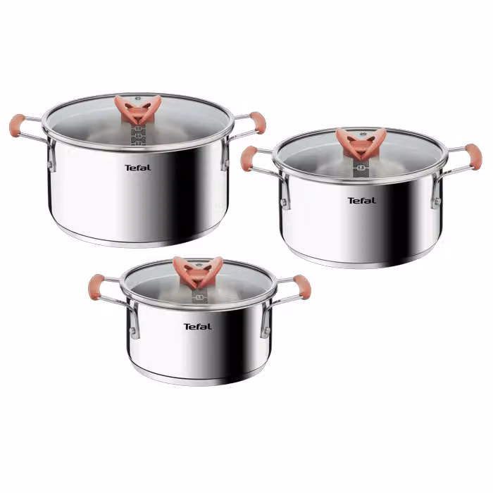 Set de 3 Cacerolas con Tapas Tefal Opti'space de Acero Inoxidable Color Plata, Aptas para Inducción y de Formato Apilable