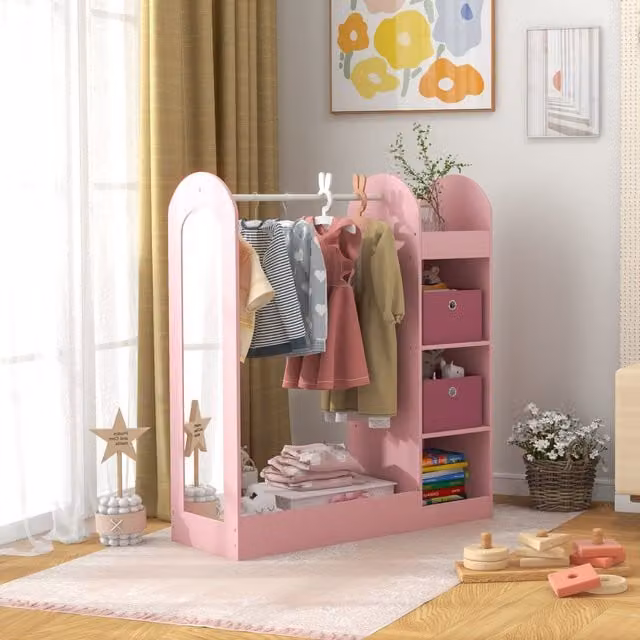 Perchero infantil PZCC con estante de almacenamiento, cajas y espejo para dormitorio, color rosa