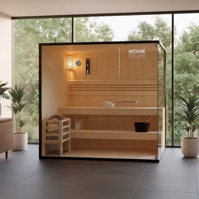 Sauna tradicional finlandesa Home Deluxe SHADOW XL de madera de abeto en color negro para 5 personas, An: 200 cm, P: 150 cm, Al: 150 cm