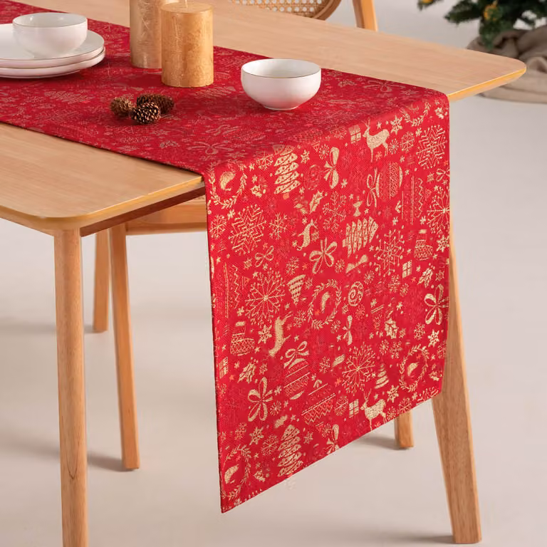 Camino de mesa de Navidad Gamusi en jacquard de algodón rojo con diseño floral, An/P: 45 x 135 cm