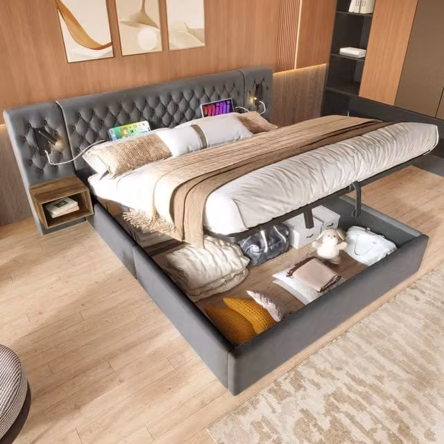Conjunto de dormitorio Modenvie con cama canapé de almacenamiento, 2 mesitas de noche y lámparas de lectura con puertos USB y Type-C, tapizado en terciopelo gris, An/P/Al: 160 x 200 x 247 cm