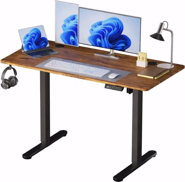 Escritorio eléctrico regulable en altura Relaxdays con motor, estilo industrial, tablero de madera marrón y estructura metálica negra, An: 120 cm, P: 80 cm, Al: 60 cm