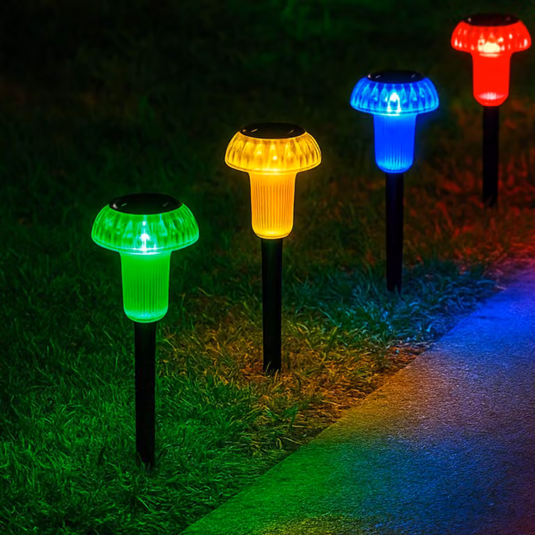 Lote de 4 balizas solares LED Lumisky con forma de hongo multicolor, Altura: 24 cm