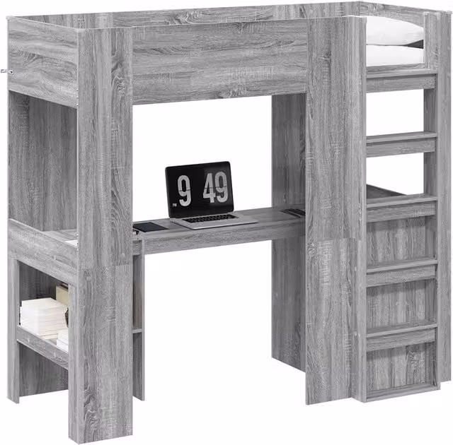Estructura de cama alta con escritorio SYFAX en color gris para dormitorio u oficina en casa, An/P/Al: 75 x 190 x 175 cm