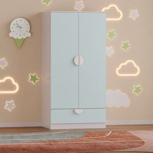 Armario Ropero Infantil Sandnes en.casa con Cajón y Barra para Colgar, 2 Puertas, Blanco y Verde Menta, Al: 123 cm, An: 60 cm, P: 40 cm