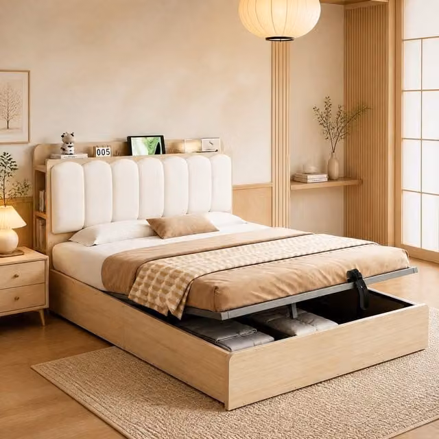 Cama con arcón MODFU para adultos de 140x200 cm con cabecero acolchado en terciopelo, almacenamiento hidráulico, puertos de carga USB y estante lateral en color beige o marrón