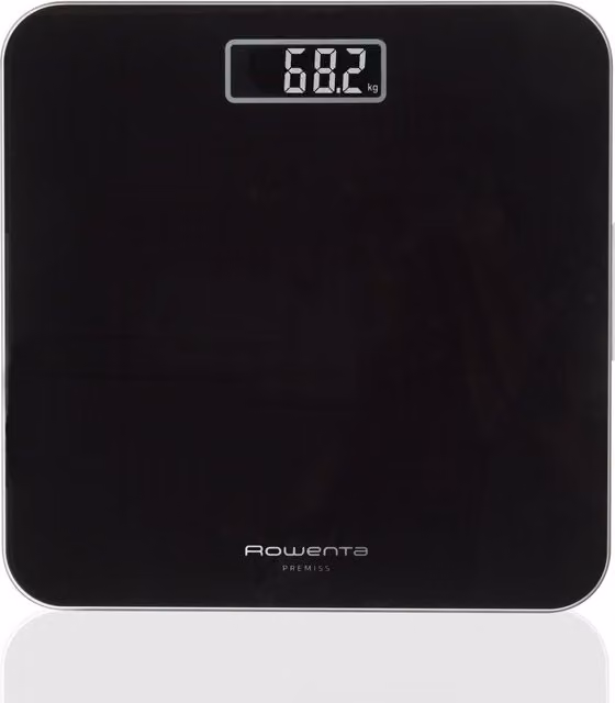 Báscula de baño electrónica personal Rowenta Premiss BS1800V0 en color negro con pantalla digital y superficie de cristal
