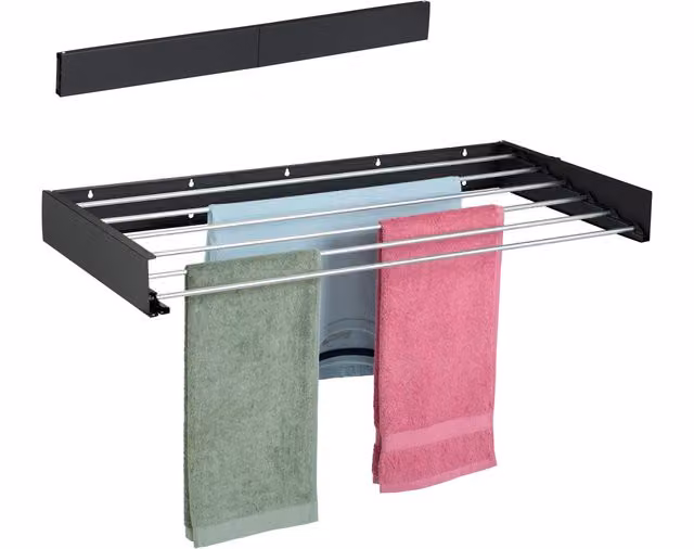 Tendedero de pared plegable Relaxdays de acero y aluminio, color negro, An/P/Al: 100 x 50 x 15 cm