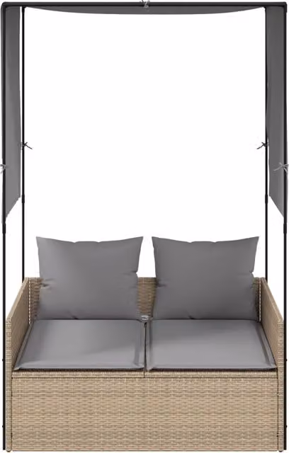 Tumbona doble SYFAX con techo y cortinas en ratán sintético y metal color beige y gris